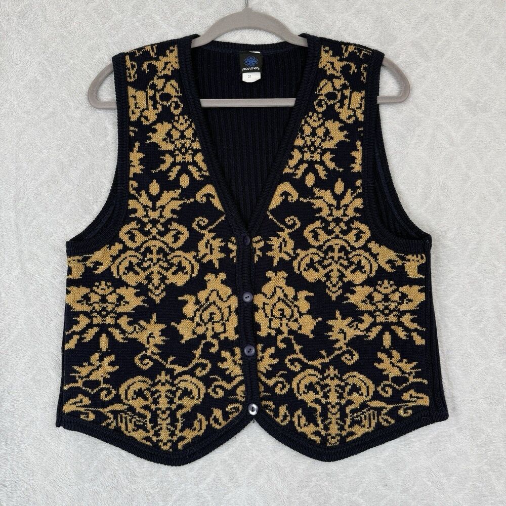 Vtg Sweater Vest Womens Small Blue Gold Metallic Knit Damask 80s 90s Old Money